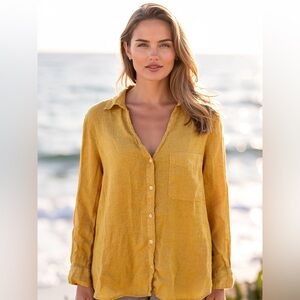 ZARA Mustard Yellow Linen Button-Up Shirt S Relaxed Fit Minimalist